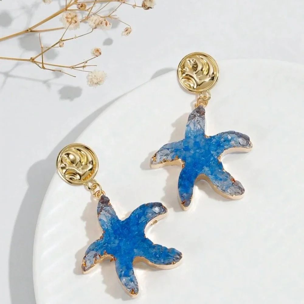 “Blue Druzy Starfish” Gold Dipped Geode Ocean Sea Marine Tropical Steel Earrings - Picture 5 of 11